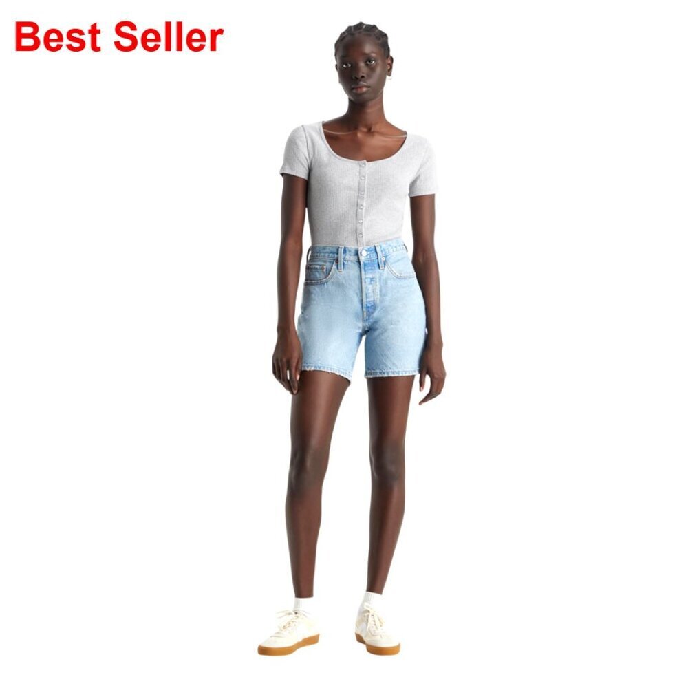 Denim Mid Thigh Shorts High Rise Straight Leg Fit